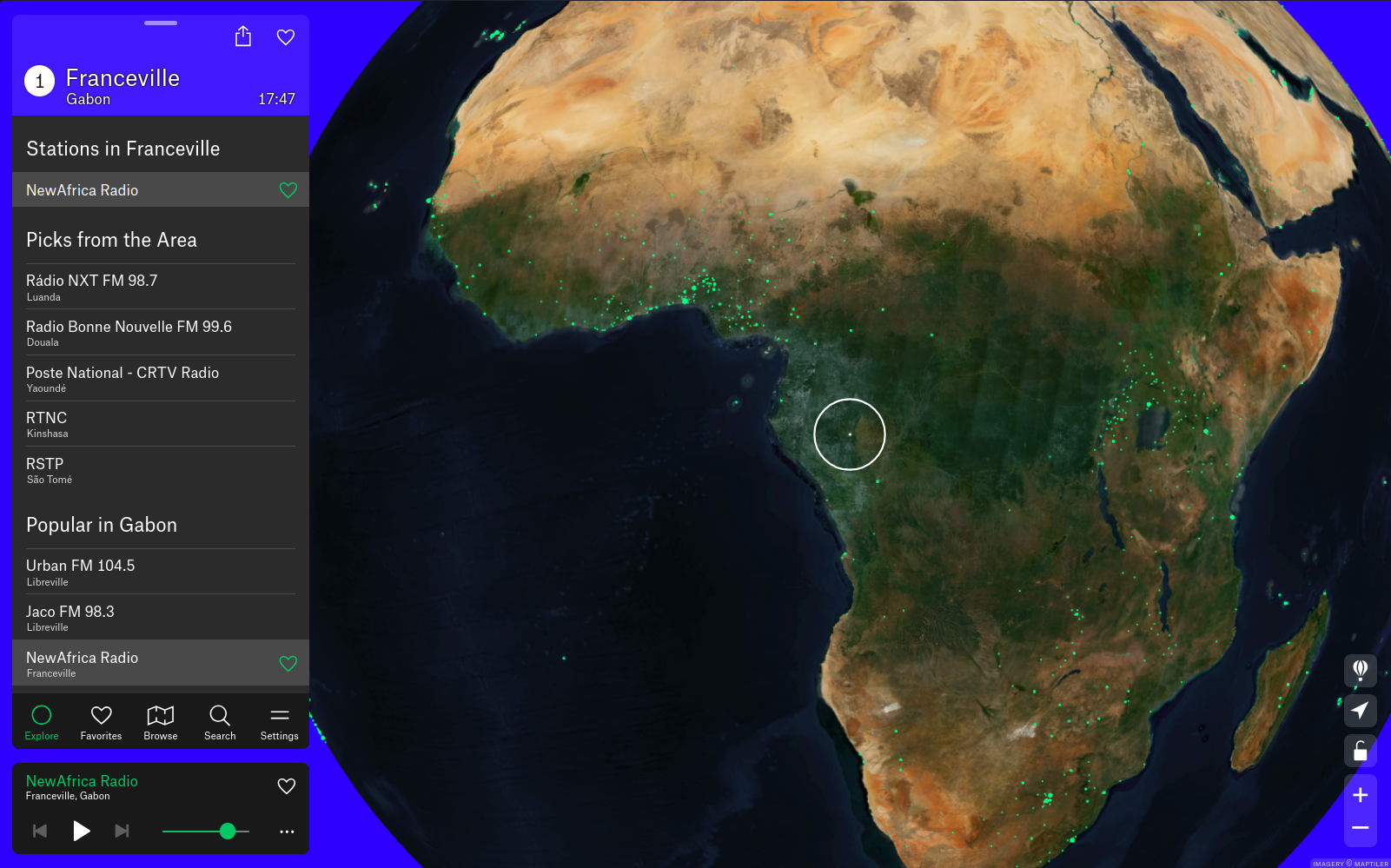 A screenshot of radio garden, with the world and radio stations as dots